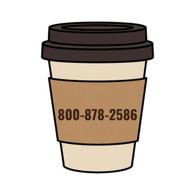 800-878-2586 on a coffee cup