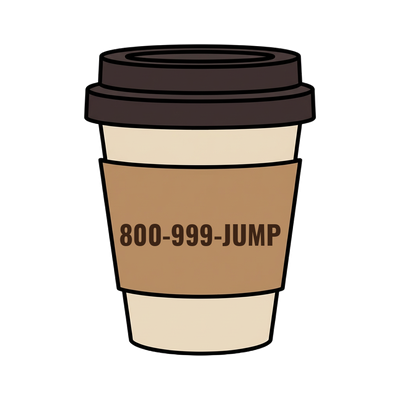 800-999-JUMP on a coffee cup
