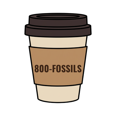 800-FOSSILS on a coffee cup