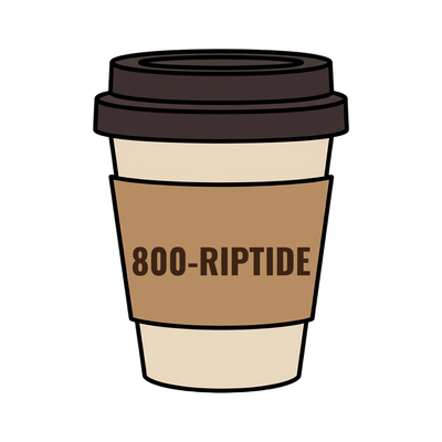 800-RIPTIDE on a coffee cup