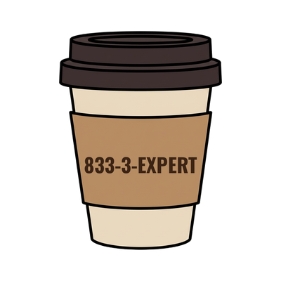 833-3-EXPERT on a coffee cup
