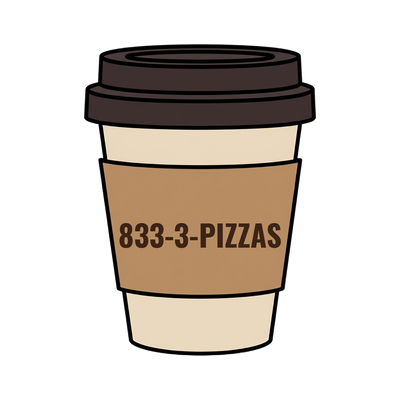 833-3-PIZZAS on a coffee cup