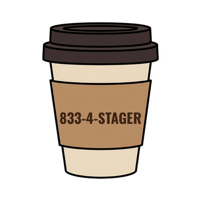 833-4-STAGER on a coffee cup