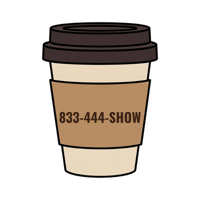833-444-SHOW on a coffee cup