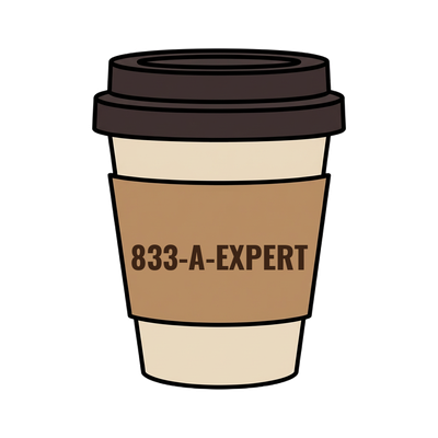 833-A-EXPERT on a coffee cup
