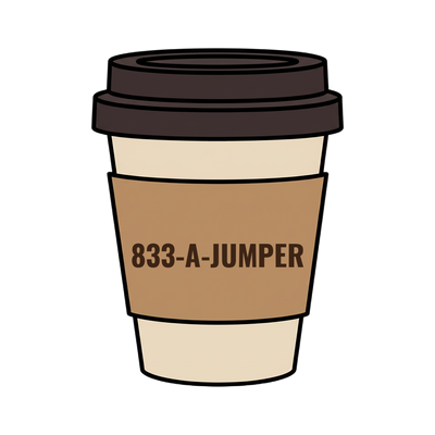 833-A-JUMPER on a coffee cup