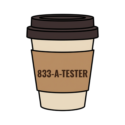 833-A-TESTER on a coffee cup