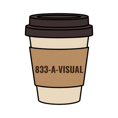 833-A-VISUAL on a coffee cup