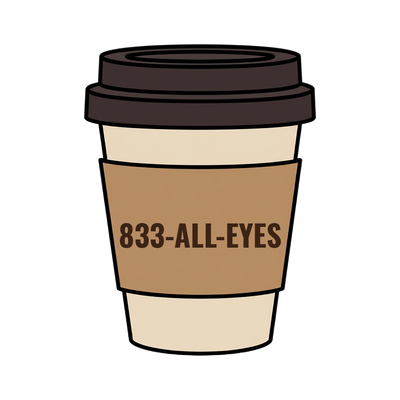 833-ALL-EYES on a coffee cup