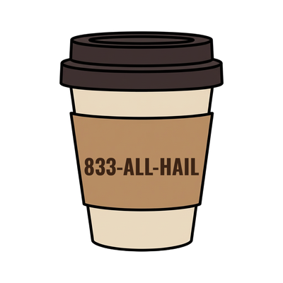 833-ALL-HAIL on a coffee cup