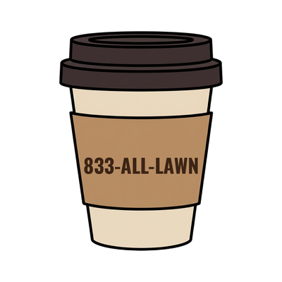 833-ALL-LAWN on a coffee cup