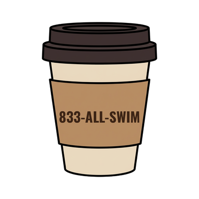 833-ALL-SWIM on a coffee cup