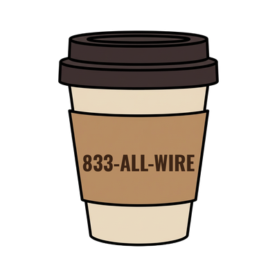 833-ALL-WIRE on a coffee cup