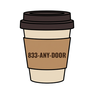 833-ANY-DOOR on a coffee cup