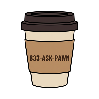833-ASK-PAWN on a coffee cup