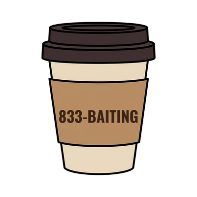 833-BAITING on a coffee cup