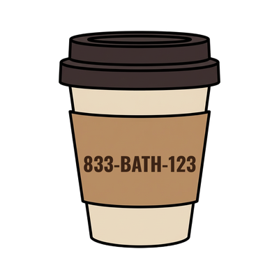 833-BATH-123 on a coffee cup