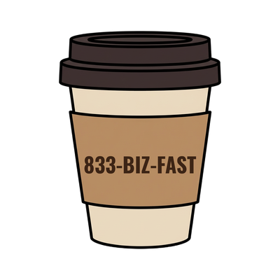 833-BIZ-FAST on a coffee cup