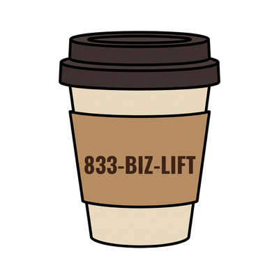 833-BIZ-LIFT on a coffee cup