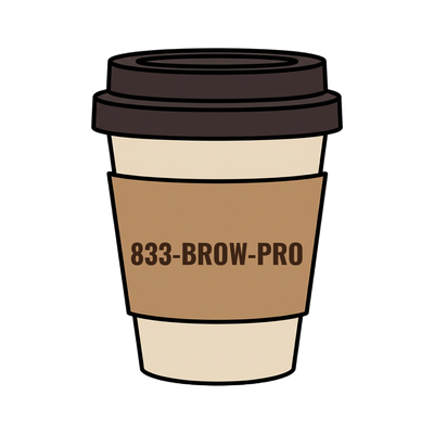 833-BROW-PRO on a coffee cup