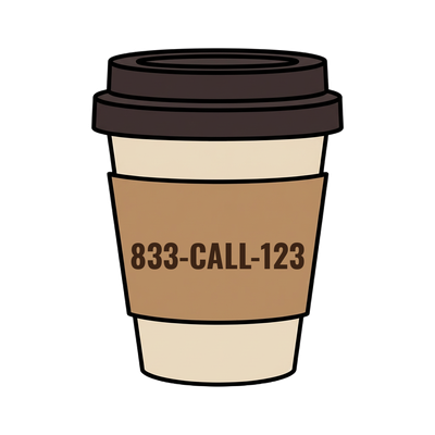 833-CALL-123 on a coffee cup