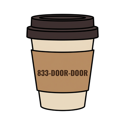 833-DOOR-DOOR on a coffee cup