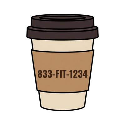 833-FIT-1234 on a coffee cup