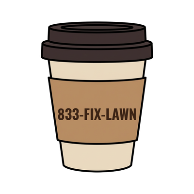 833-FIX-LAWN on a coffee cup