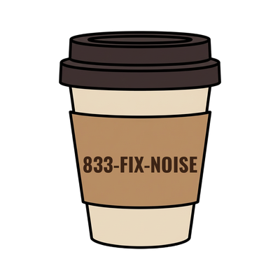 833-FIX-NOISE on a coffee cup
