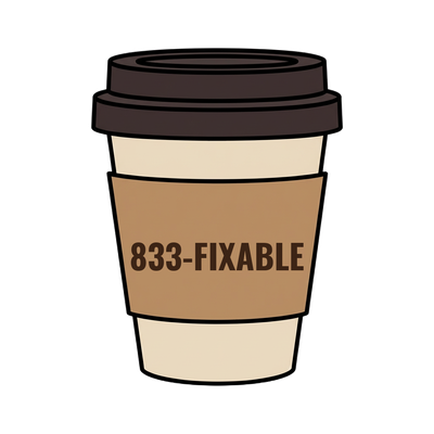 833-FIXABLE on a coffee cup