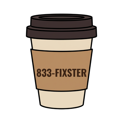 833-FIXSTER on a coffee cup