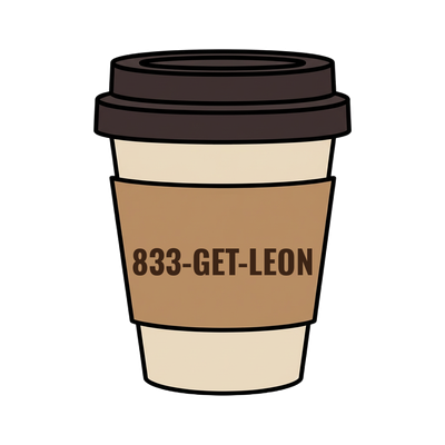 833-GET-LEON on a coffee cup
