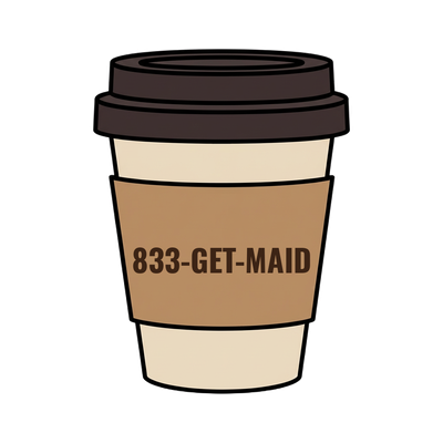 833-GET-MAID on a coffee cup