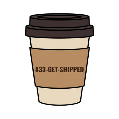 833-GET-SHIPPED on a coffee cup