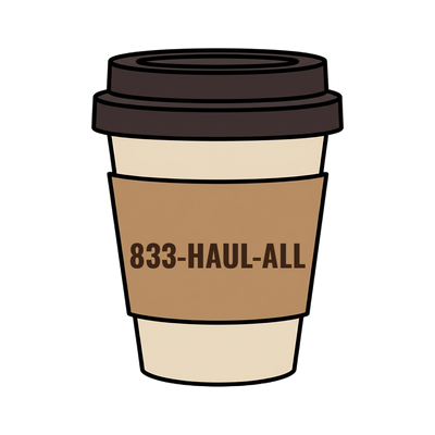 833-HAUL-ALL on a coffee cup