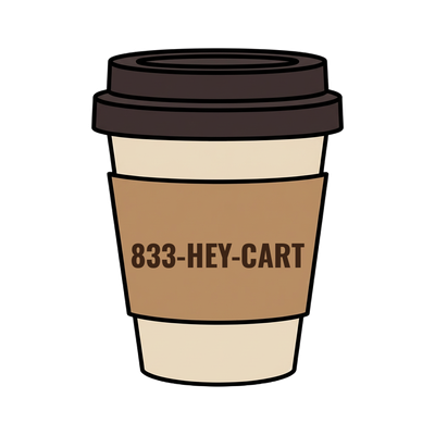 833-HEY-CART on a coffee cup