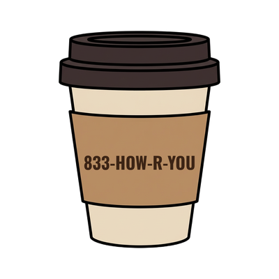 833-HOW-R-YOU on a coffee cup