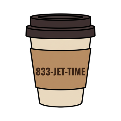 833-JET-TIME on a coffee cup
