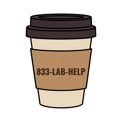 833-LAB-HELP on a coffee cup