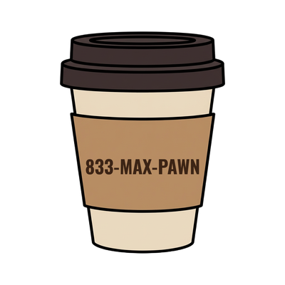 833-MAX-PAWN on a coffee cup