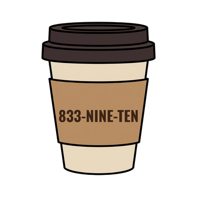 833-NINE-TEN on a coffee cup