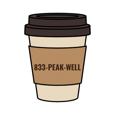 833-PEAK-WELL on a coffee cup