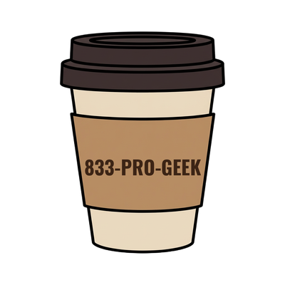 833-PRO-GEEK on a coffee cup