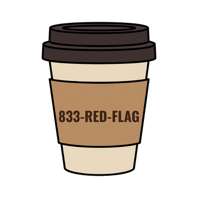 833-RED-FLAG on a coffee cup