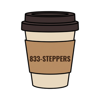 833-STEPPERS on a coffee cup