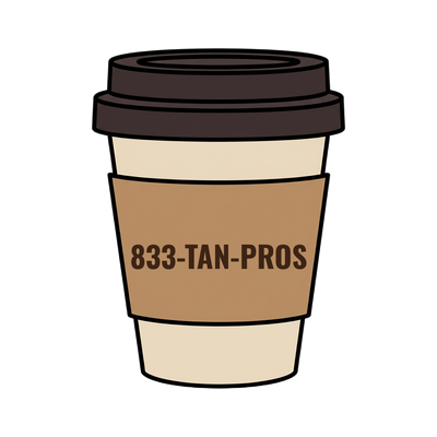 833-TAN-PROS on a coffee cup