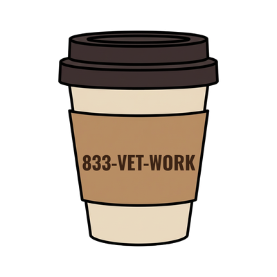833-VET-WORK on a coffee cup