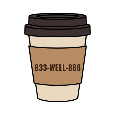 833-WELL-888 on a coffee cup