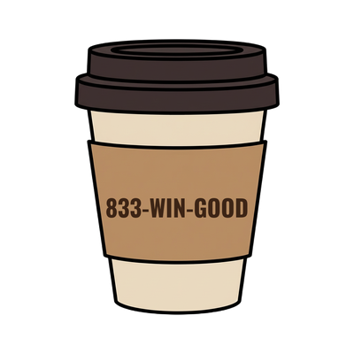 833-WIN-GOOD on a coffee cup
