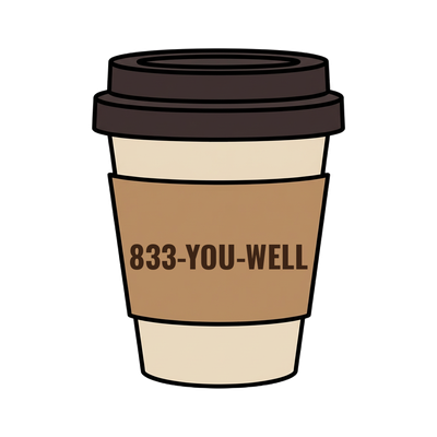 833-YOU-WELL on a coffee cup